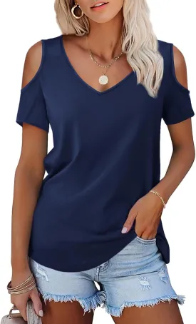 Amoretu Women's Short Sleeve Shirts Cold Shoulder Tops V Neck Blouse Tunic Shirts