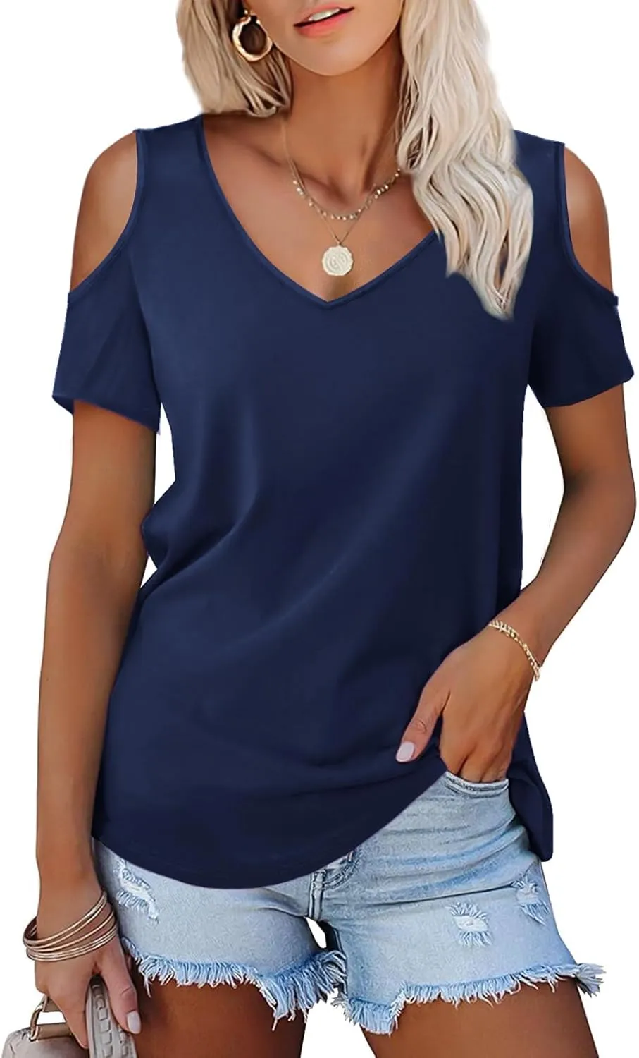 Amoretu Women's Short Sleeve Shirts Cold Shoulder Tops V Neck Blouse Tunic Shirts