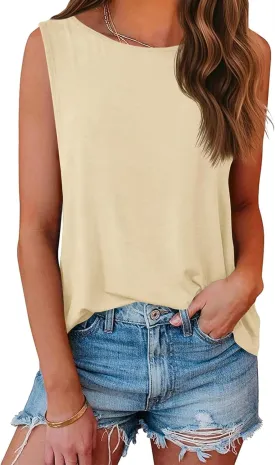 Aoysky Womens Tank Tops Crew Neck Solid Color Casual Loose Fit Summer Sleeveless Basic Tee Shirts Blouse