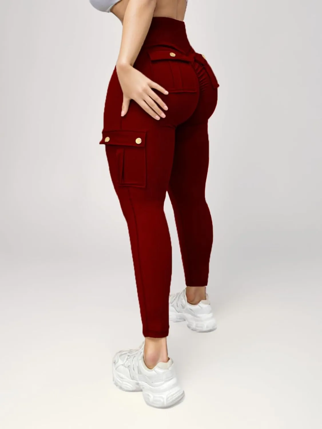 Butt Lifting Leggings with Flap Pockets for Women Stretch Cargo Leggings High Waist Tummy Control Workout Running Pants