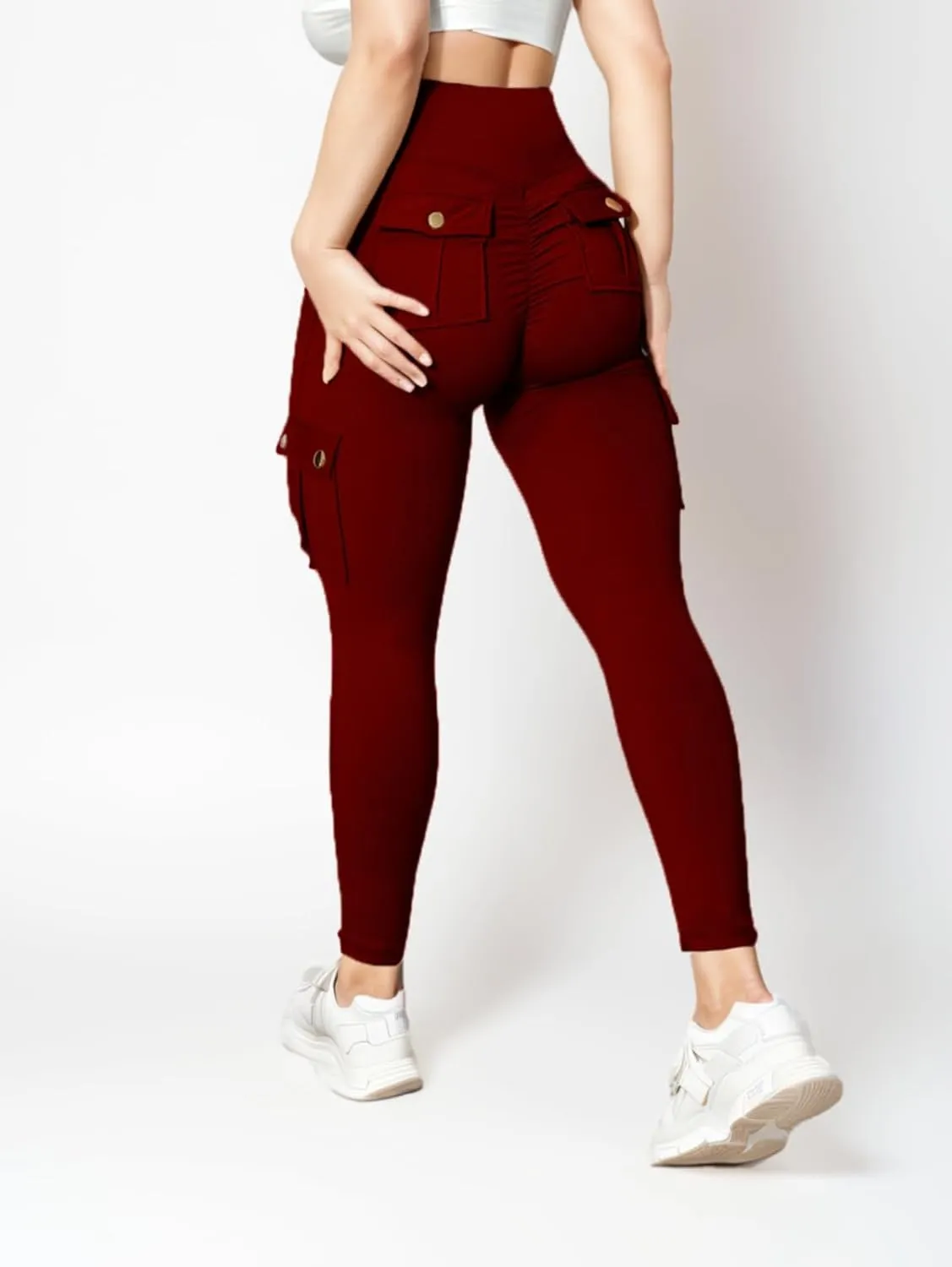 Butt Lifting Leggings with Flap Pockets for Women Stretch Cargo Leggings High Waist Tummy Control Workout Running Pants
