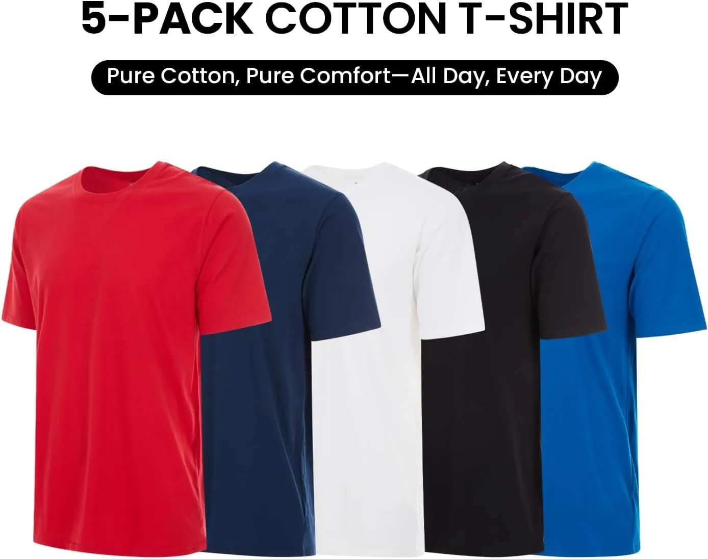 Essential Elements 5 Pack: Men's Crew Neck 100% Pure Cotton Breathable Short Sleeve T-Shirt