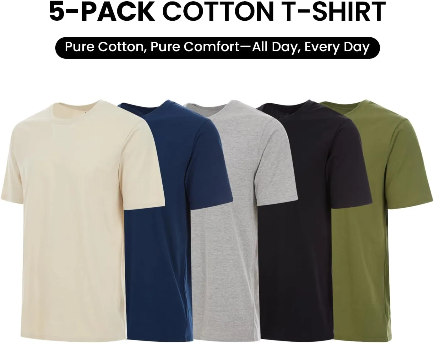 Essential Elements 5 Pack: Men's Crew Neck 100% Pure Cotton Breathable Short Sleeve T-Shirt