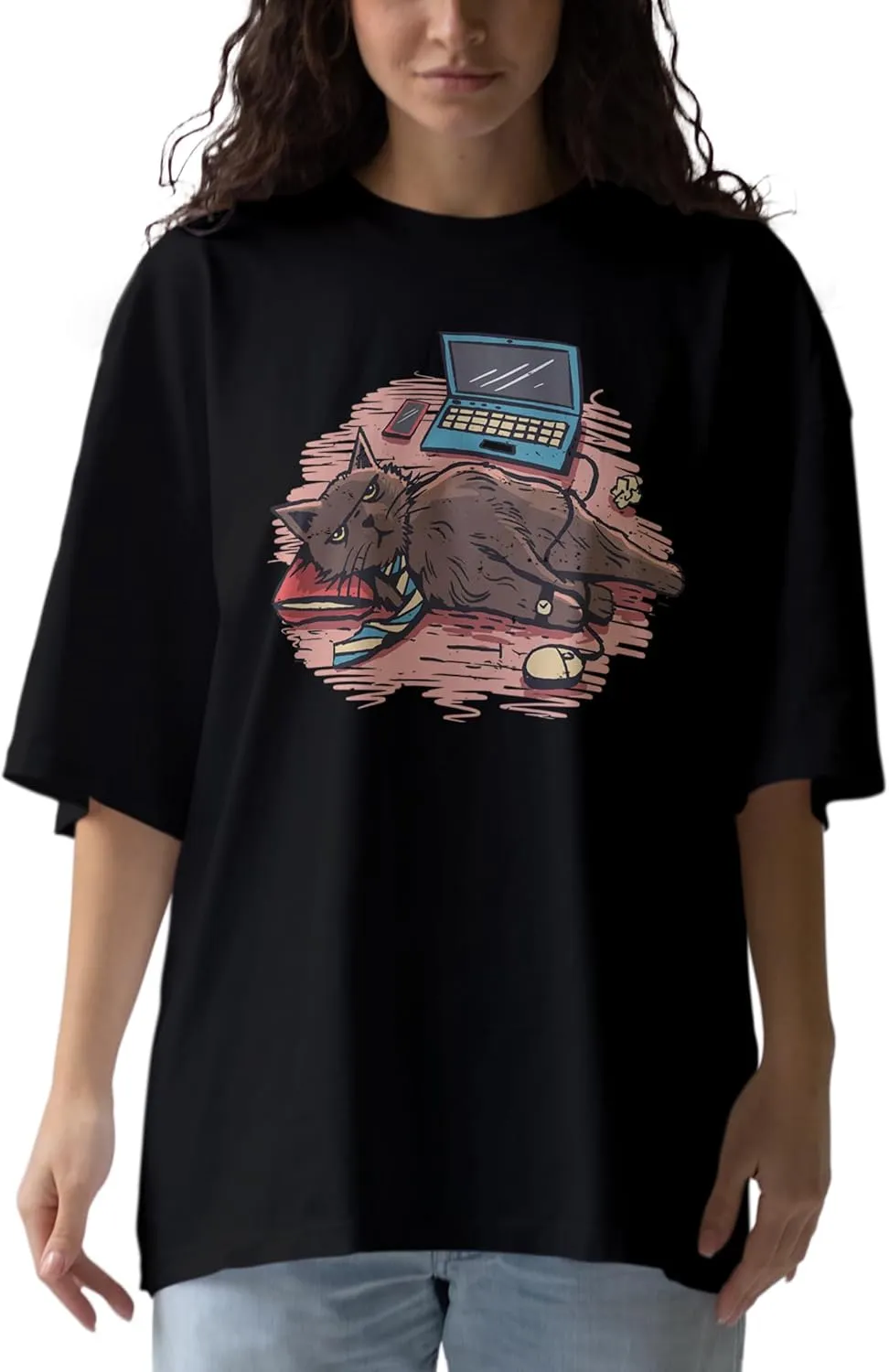 Lazy cat Anime Oversized T-Shirts for Women, 100% Cotton T-Shirts, Perfect for Casual Wear & Gifting | WB.6.55