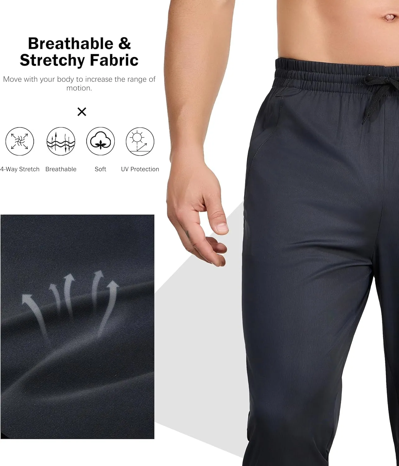 Men's Athletic Jogger Pants with Zip Pockets, Quick Dry Running Sweatpants, Drawstring Waist