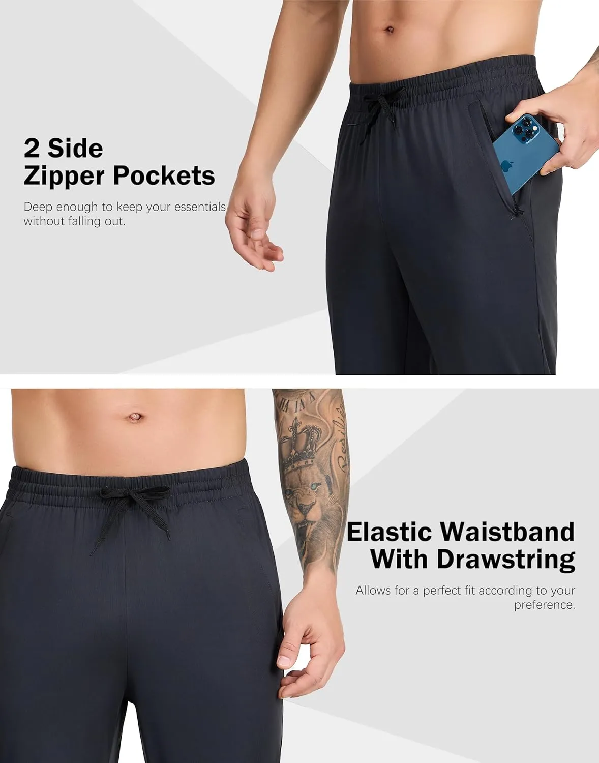 Men's Athletic Jogger Pants with Zip Pockets, Quick Dry Running Sweatpants, Drawstring Waist