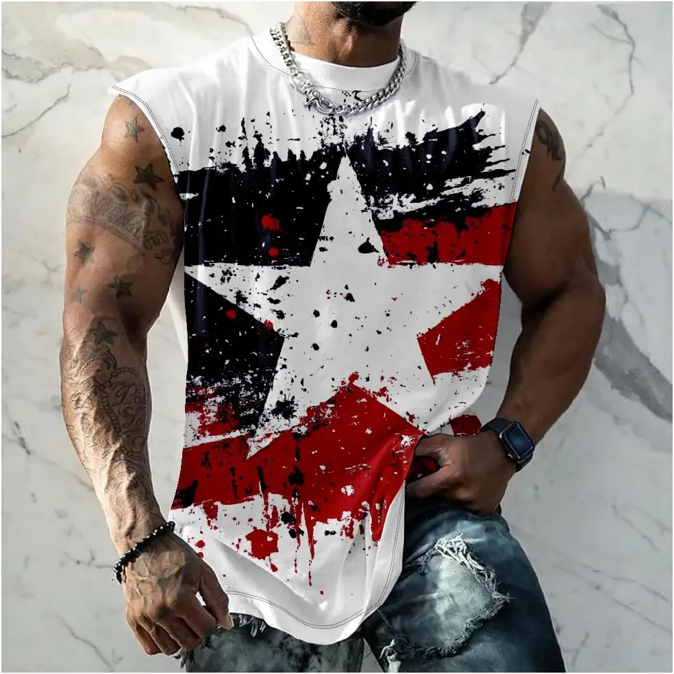 Mens Cotton Muscle Tank Tops American Flag Sleeveless Shirt Tops Oversized Sport Workout Crewneck Summer Top