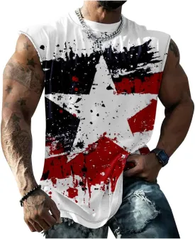 Mens Cotton Muscle Tank Tops American Flag Sleeveless Shirt Tops Oversized Sport Workout Crewneck Summer Top