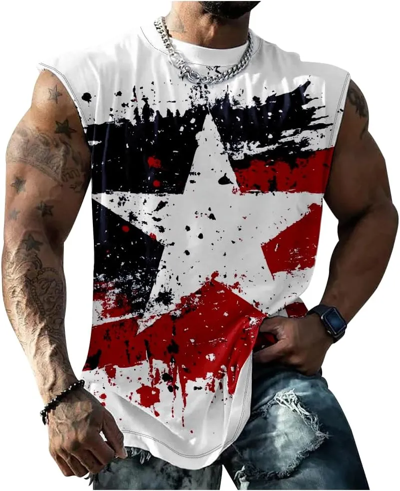 Mens Cotton Muscle Tank Tops American Flag Sleeveless Shirt Tops Oversized Sport Workout Crewneck Summer Top