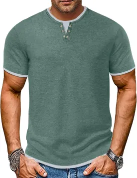 Men's Henley T-Shirt Short Sleeve Casual Lightweight Pullover Shirts Soft Stretch Basic Tees V Neck Metal Design Tops