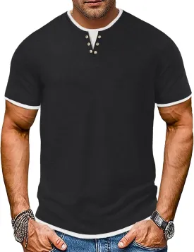 Men's Henley T-Shirt Short Sleeve Casual Lightweight Pullover Shirts Soft Stretch Basic Tees V Neck Metal Design Tops