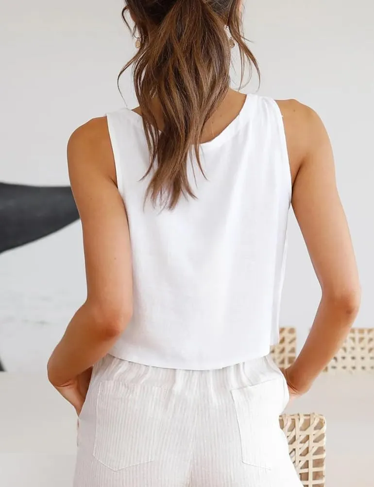 Mywinway Linen Crop Tank Tops for Women Spring Summer Sleeveless V Neck Cropped Casual Fashion Beach Tops Shirts
