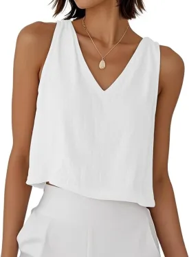 Mywinway Linen Crop Tank Tops for Women Spring Summer Sleeveless V Neck Cropped Casual Fashion Beach Tops Shirts