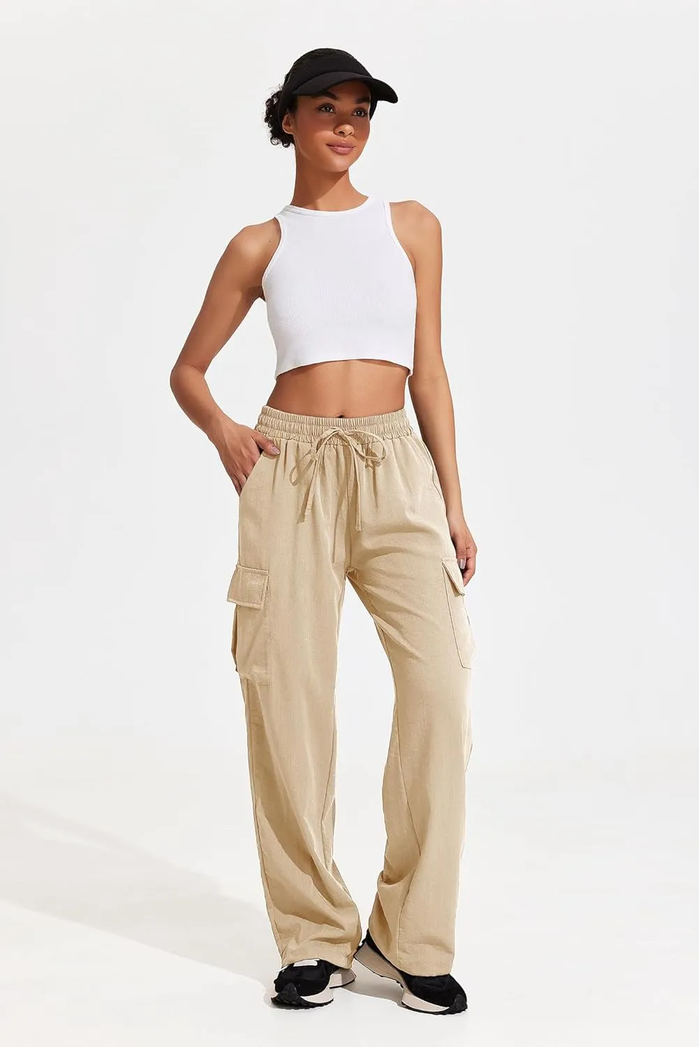 PINSPARK Women's Cargo Pants Quick Dry Hiking Athletic Pants Elastic High Waist Casual Pants Wide Leg with Pockets