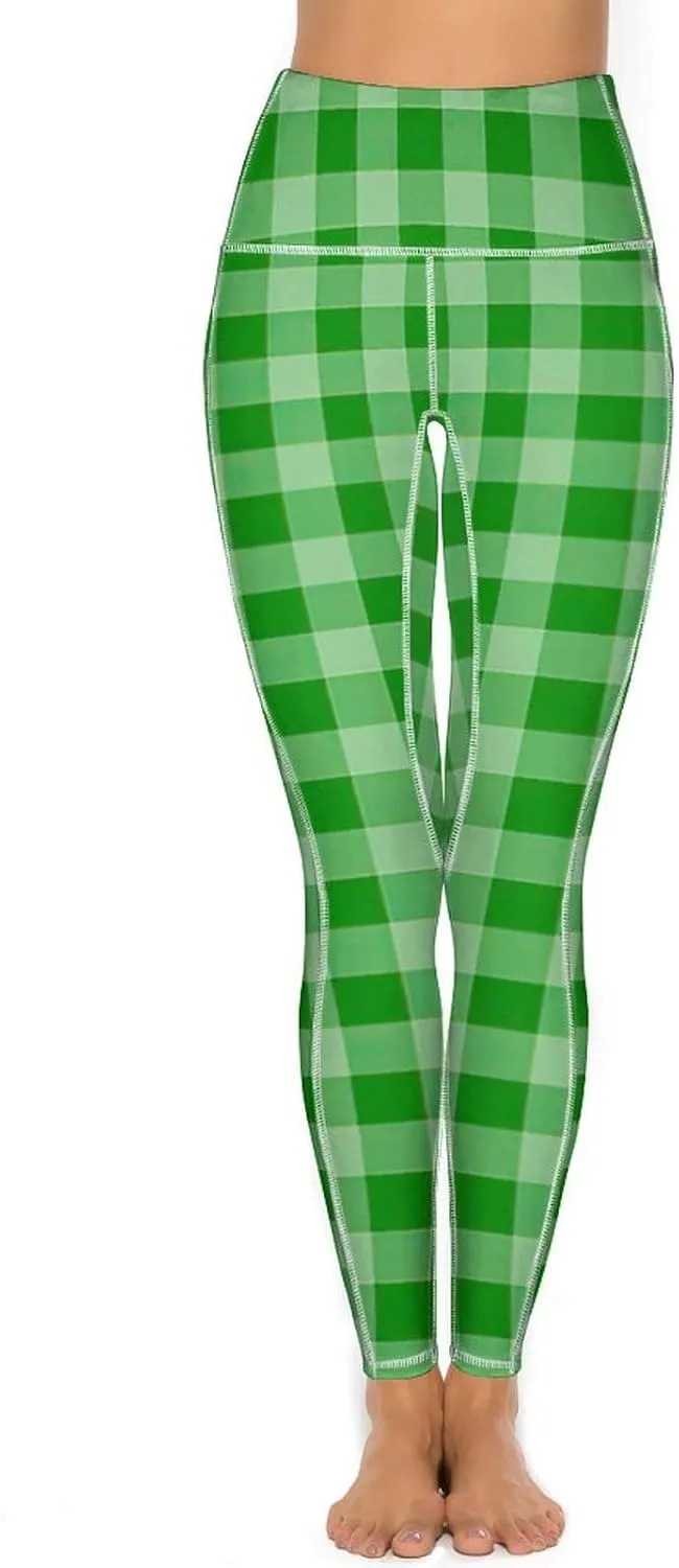 Plaid Women Leggings High Waist Yoga Pants with Pockets for Women Tummy Control Workout Trousers