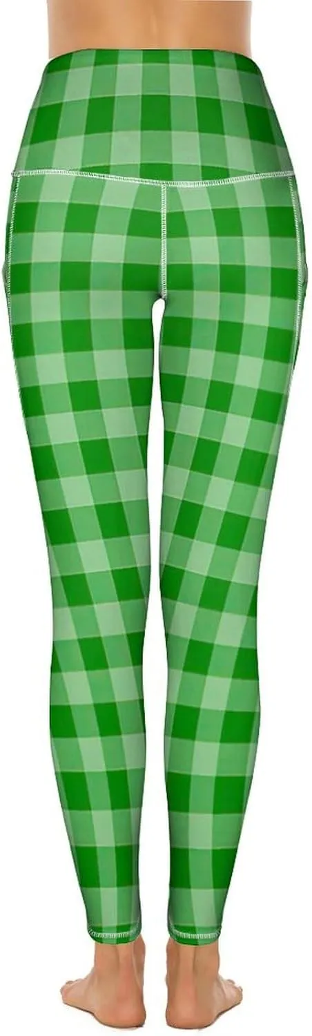Plaid Women Leggings High Waist Yoga Pants with Pockets for Women Tummy Control Workout Trousers