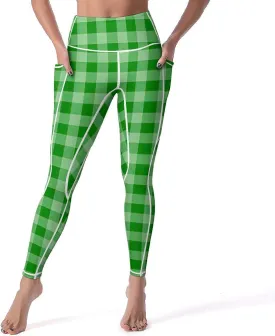 Plaid Women Leggings High Waist Yoga Pants with Pockets for Women Tummy Control Workout Trousers