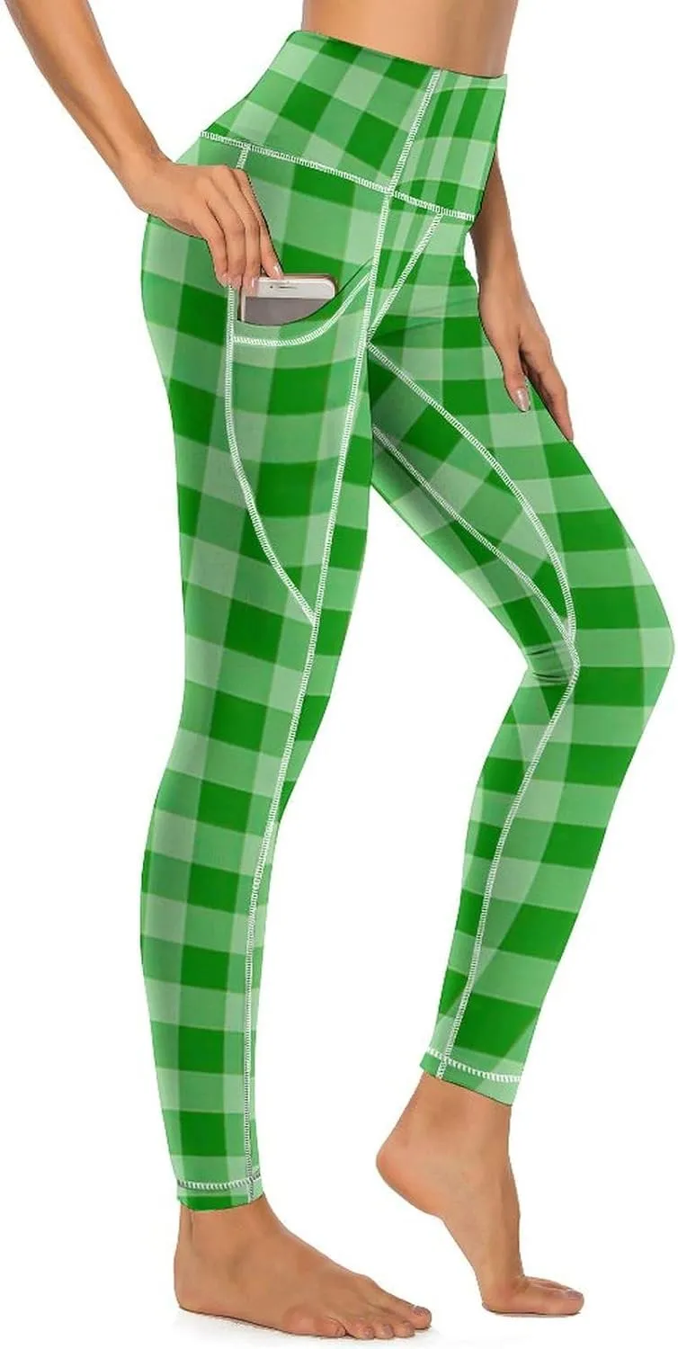 Plaid Women Leggings High Waist Yoga Pants with Pockets for Women Tummy Control Workout Trousers