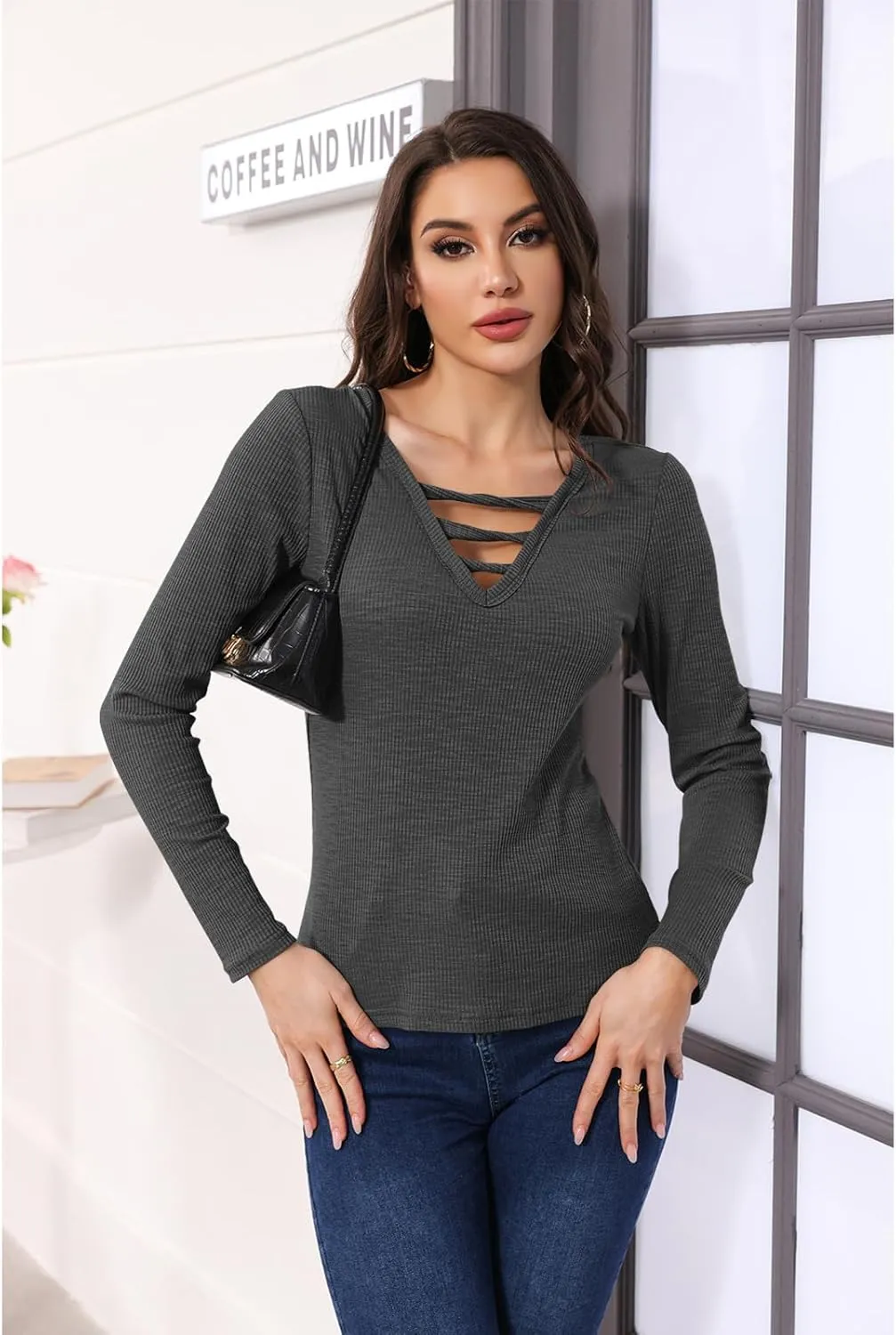 Poetsky Women's Fall Long Sleeve Tunic Tops Sexy V Neck Shirts Casual Criss Cross Ribbed Knit Tee Slim Fitted Blouse