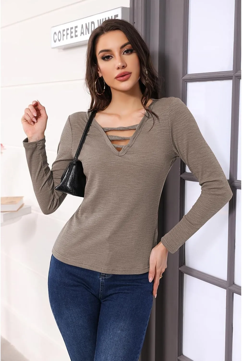 Poetsky Women's Fall Long Sleeve Tunic Tops Sexy V Neck Shirts Casual Criss Cross Ribbed Knit Tee Slim Fitted Blouse