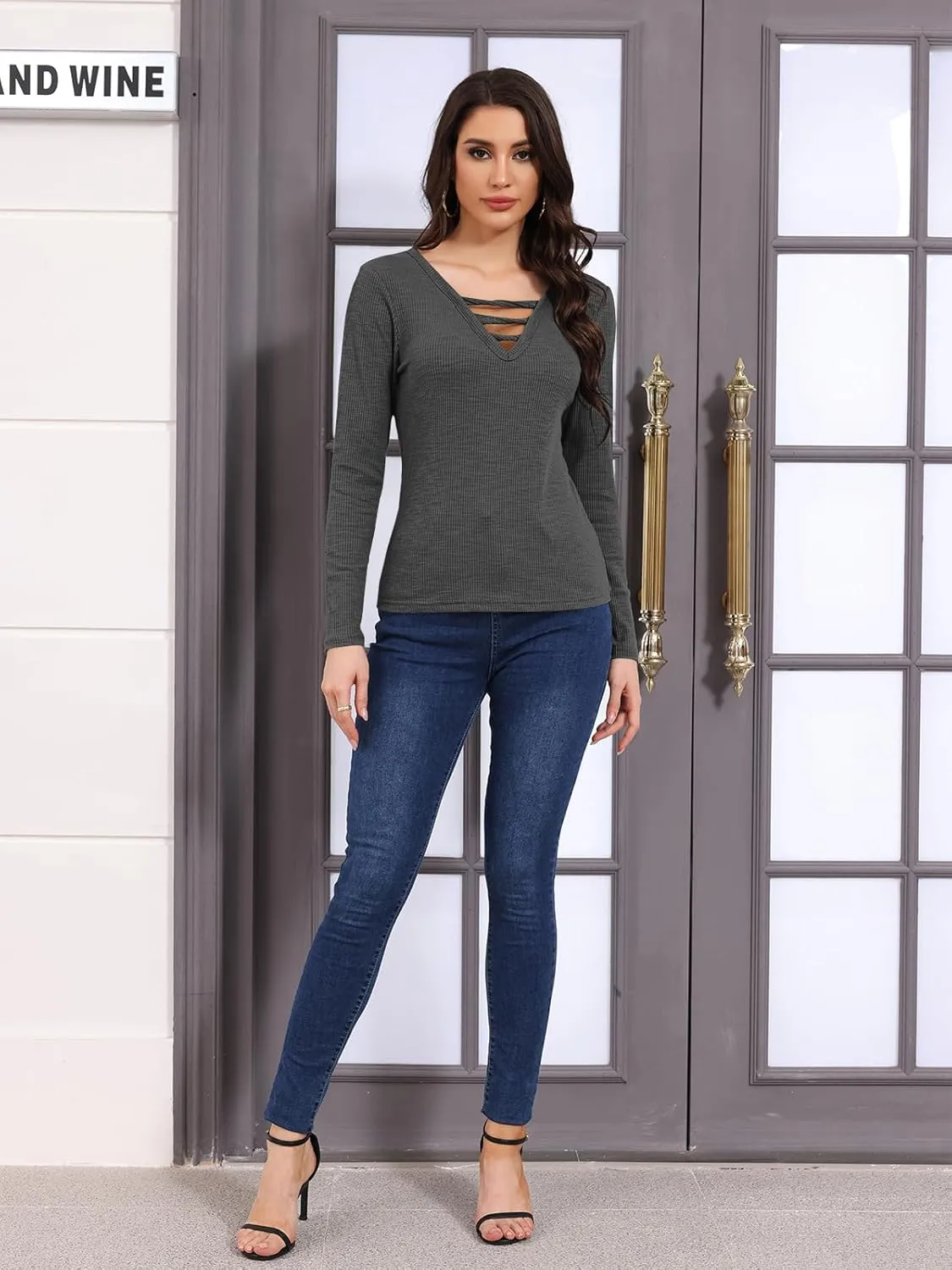 Poetsky Women's Fall Long Sleeve Tunic Tops Sexy V Neck Shirts Casual Criss Cross Ribbed Knit Tee Slim Fitted Blouse