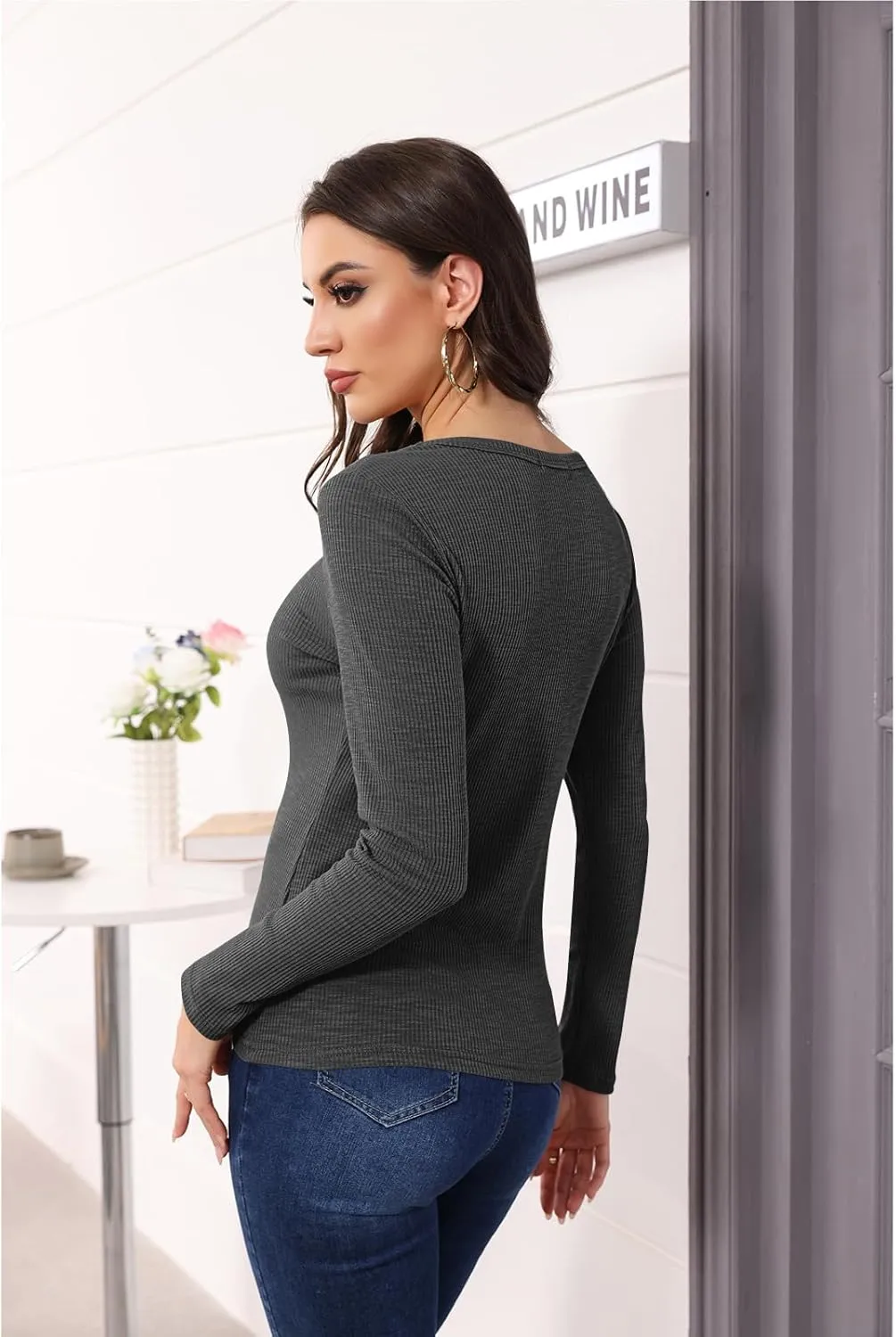 Poetsky Women's Fall Long Sleeve Tunic Tops Sexy V Neck Shirts Casual Criss Cross Ribbed Knit Tee Slim Fitted Blouse