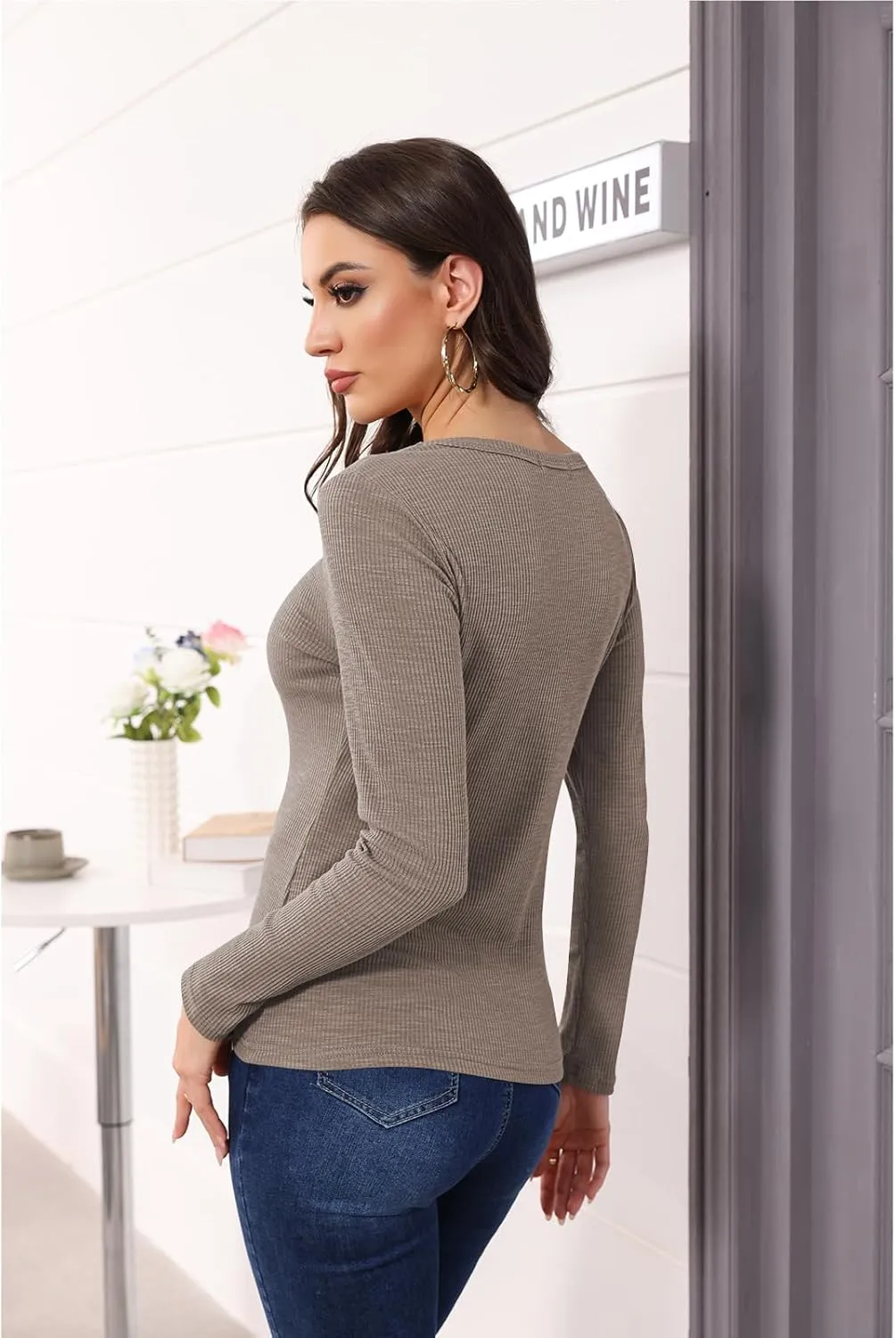 Poetsky Women's Fall Long Sleeve Tunic Tops Sexy V Neck Shirts Casual Criss Cross Ribbed Knit Tee Slim Fitted Blouse