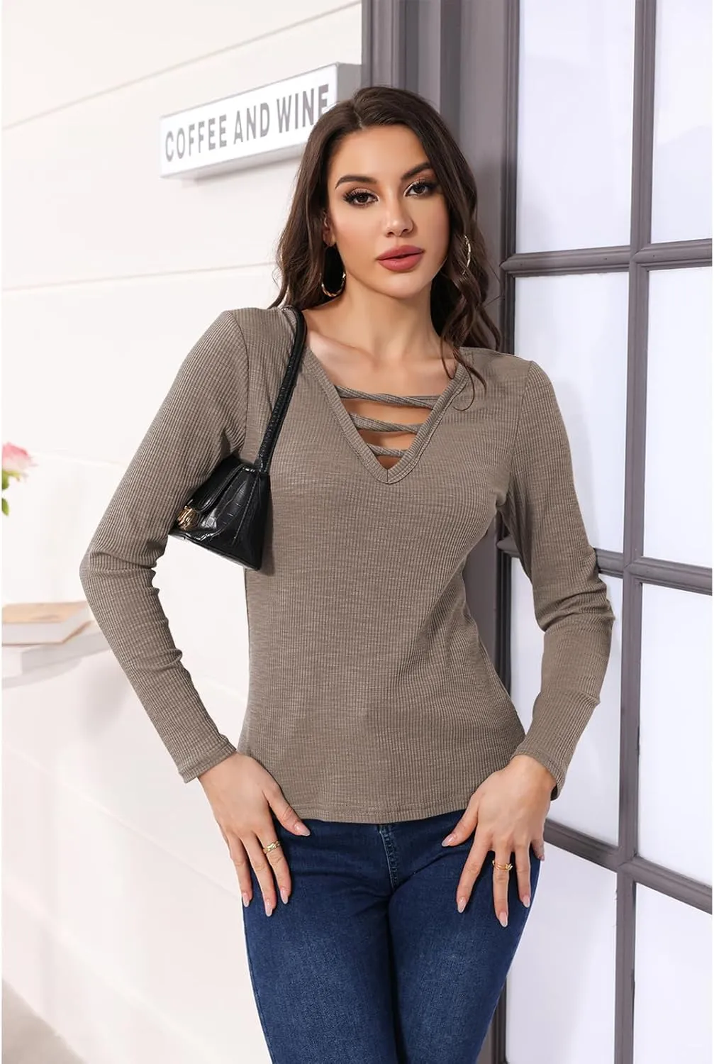 Poetsky Women's Fall Long Sleeve Tunic Tops Sexy V Neck Shirts Casual Criss Cross Ribbed Knit Tee Slim Fitted Blouse