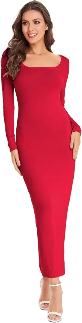 Verdusa Women's Long Sleeve Square Neck Bodycon Maxi Long Dress