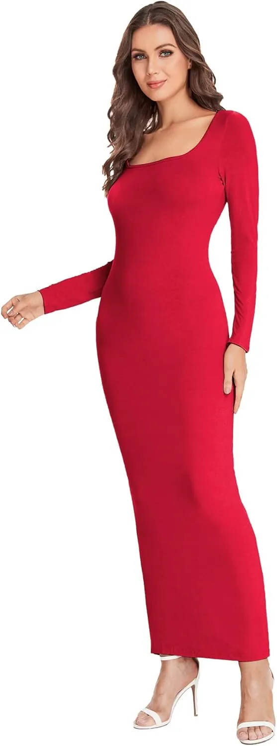 Verdusa Women's Long Sleeve Square Neck Bodycon Maxi Long Dress