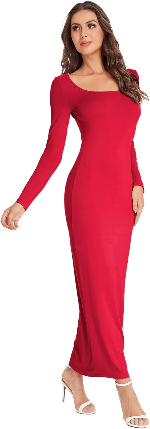 Verdusa Women's Long Sleeve Square Neck Bodycon Maxi Long Dress