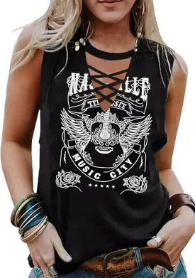 Wasted On You Steer Skull Criss-Cross Hollow Out Tank Tops Women Western Cowboy Rodeo Shirt Tops Country Music Tank Tops