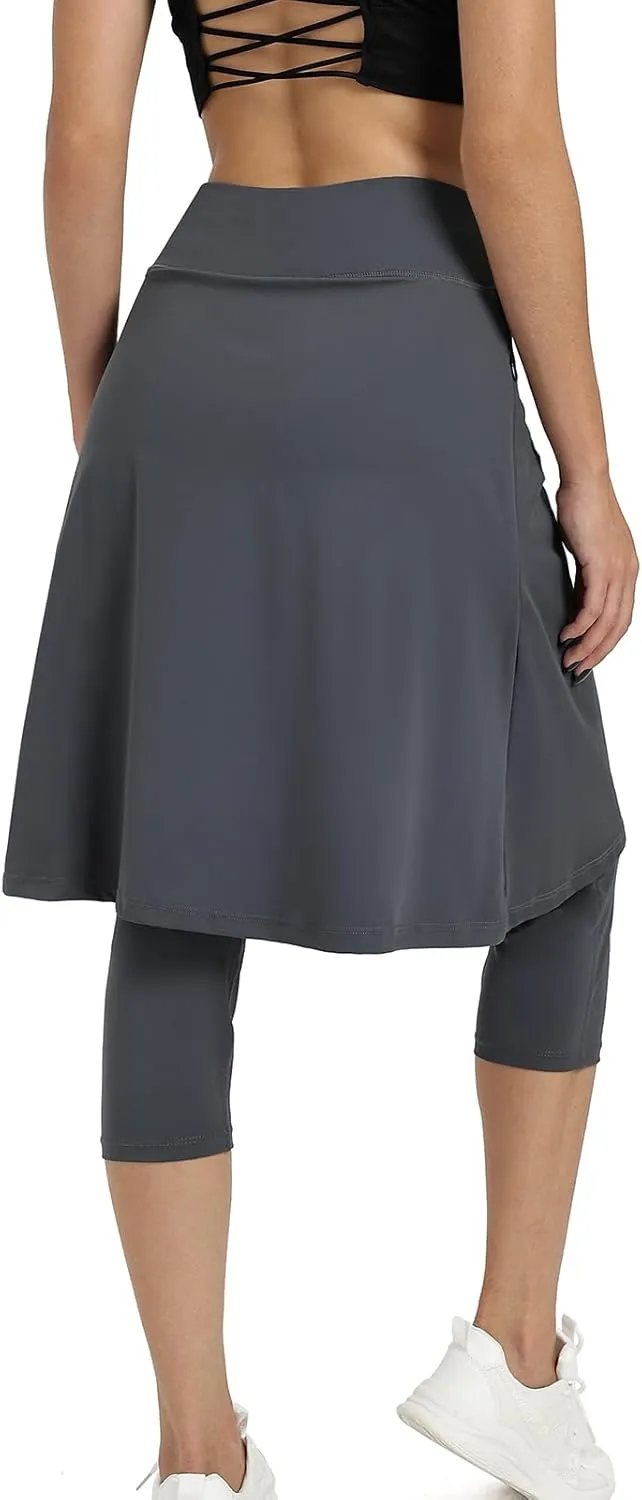 Women Athletic Knee Length Skirts with Leggings,Skorts Leggings&Skirted Capris Skorts for Women Yoga Pockets
