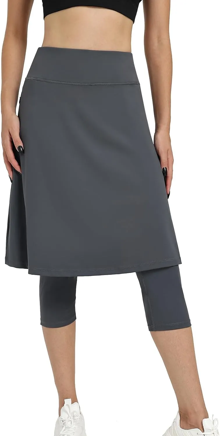 Women Athletic Knee Length Skirts with Leggings,Skorts Leggings&Skirted Capris Skorts for Women Yoga Pockets