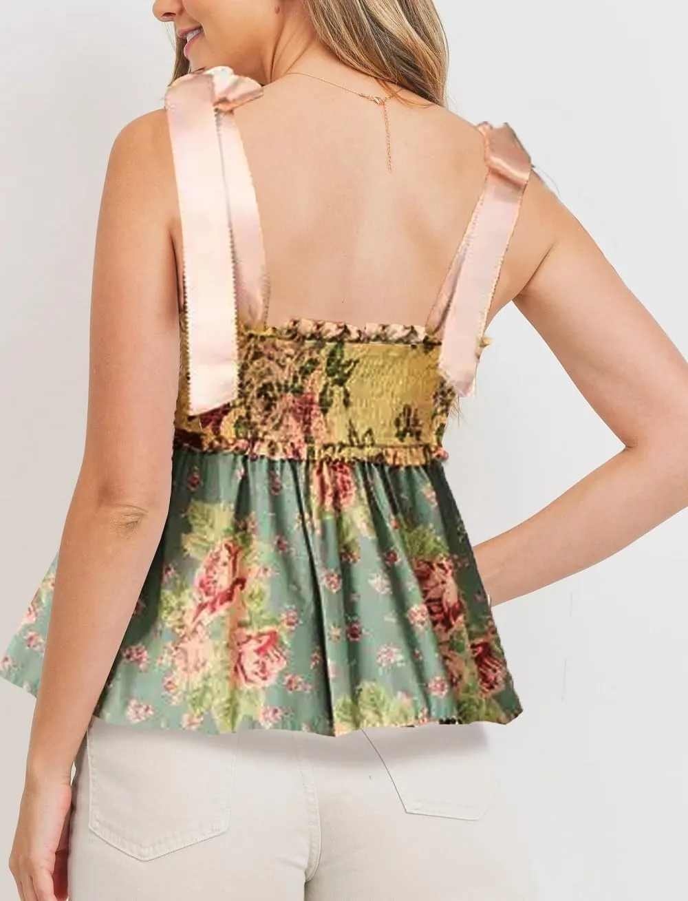 Women Cute Floral Print Ruffled Tank Tops Y2k Smocked Low Neck Crop Top Tie Shoulder Ruffle Hem Babydoll Camisole