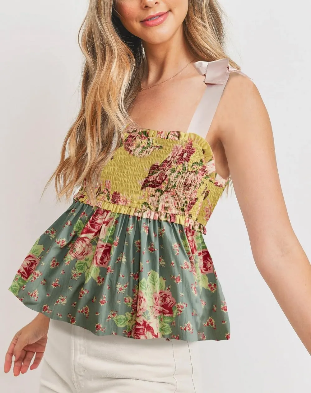 Women Cute Floral Print Ruffled Tank Tops Y2k Smocked Low Neck Crop Top Tie Shoulder Ruffle Hem Babydoll Camisole