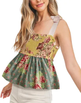 Women Cute Floral Print Ruffled Tank Tops Y2k Smocked Low Neck Crop Top Tie Shoulder Ruffle Hem Babydoll Camisole