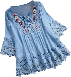 Womens 3/4 Sleeve Blouse Lace Shirt Bow Tie Ribbon Comfortable Breathable Vintage Loose Top