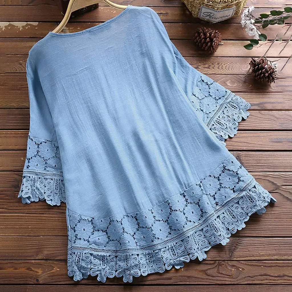 Womens 3/4 Sleeve Blouse Lace Shirt Bow Tie Ribbon Comfortable Breathable Vintage Loose Top