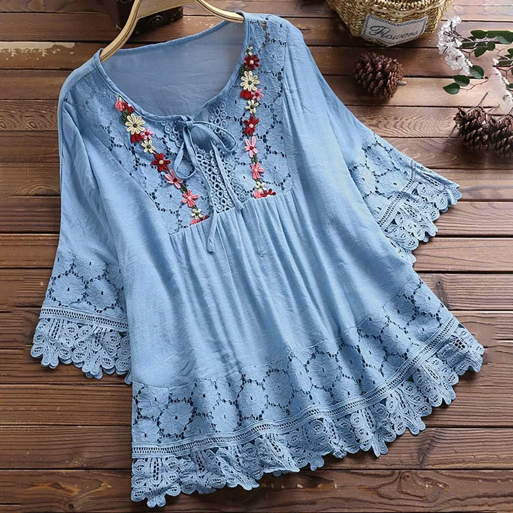 Womens 3/4 Sleeve Blouse Lace Shirt Bow Tie Ribbon Comfortable Breathable Vintage Loose Top
