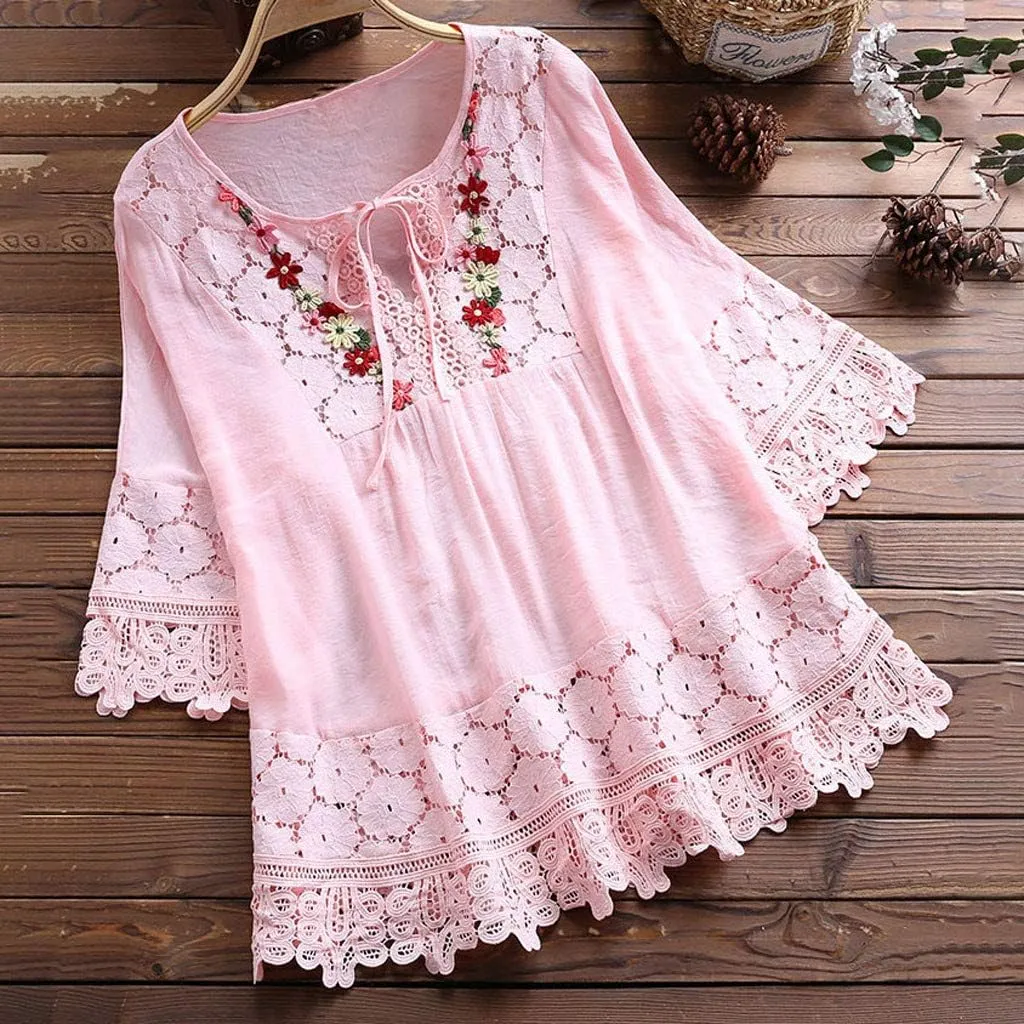 Womens 3/4 Sleeve Blouse Lace Shirt Bow Tie Ribbon Comfortable Breathable Vintage Loose Top