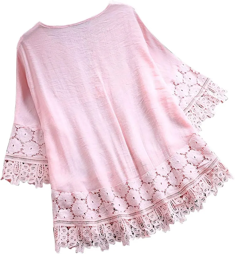 Womens 3/4 Sleeve Blouse Lace Shirt Bow Tie Ribbon Comfortable Breathable Vintage Loose Top