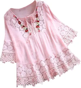Womens 3/4 Sleeve Blouse Lace Shirt Bow Tie Ribbon Comfortable Breathable Vintage Loose Top