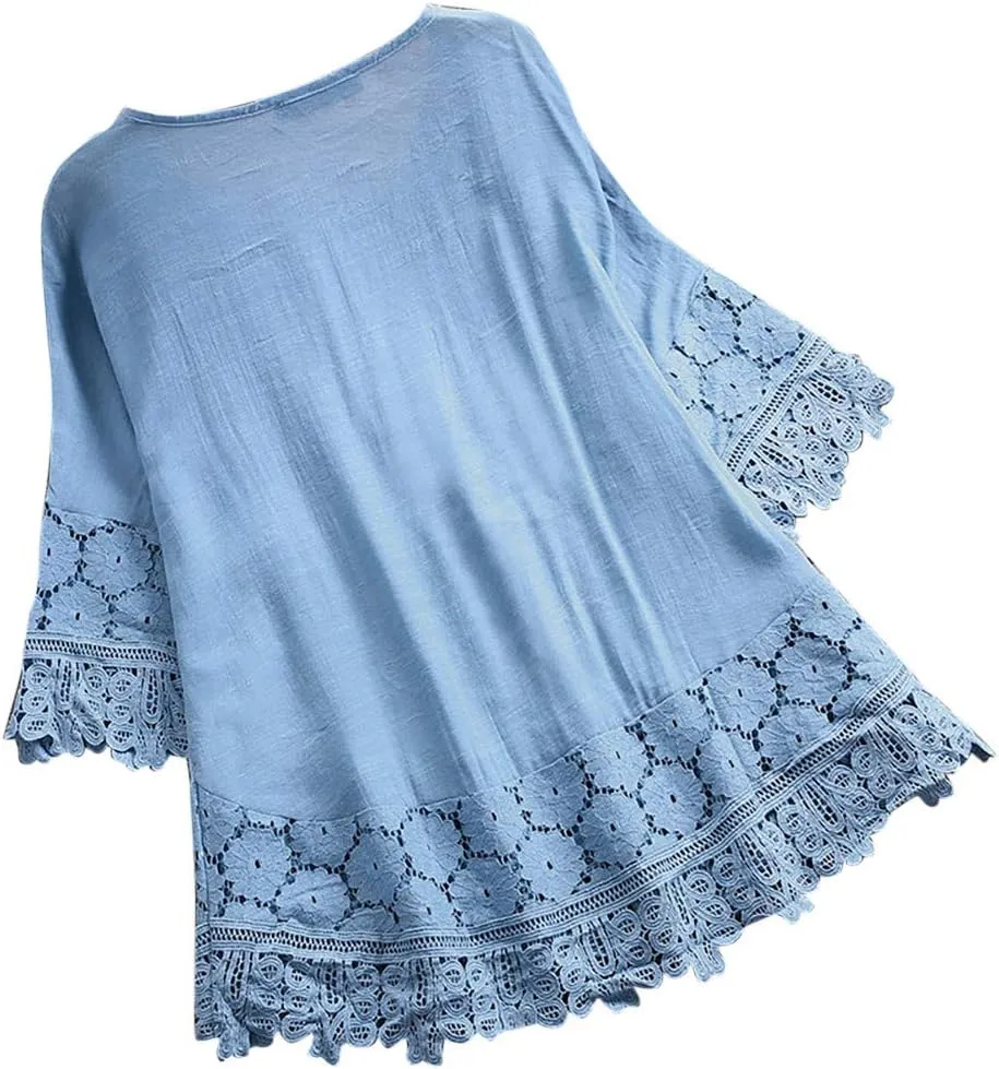 Womens 3/4 Sleeve Blouse Lace Shirt Bow Tie Ribbon Comfortable Breathable Vintage Loose Top