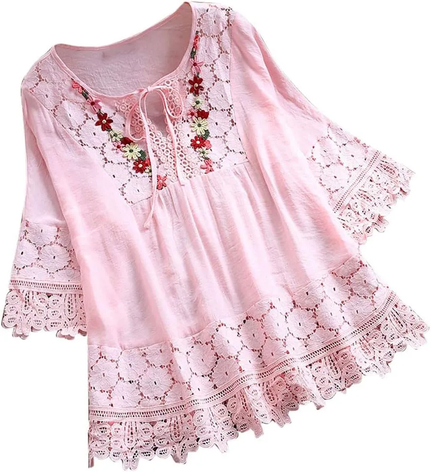 Womens 3/4 Sleeve Blouse Lace Shirt Bow Tie Ribbon Comfortable Breathable Vintage Loose Top