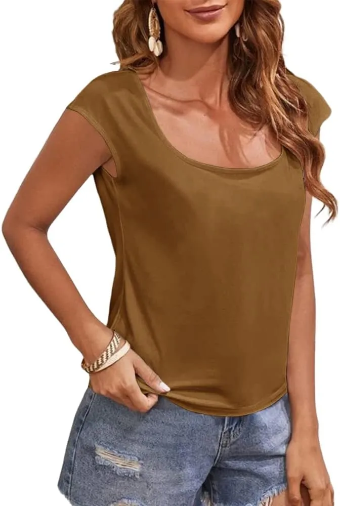 Women's Cap Sleeve Scoop Neck T Shirt Casual Solid Color Basic Tee Shirts Blouses Tank Tops