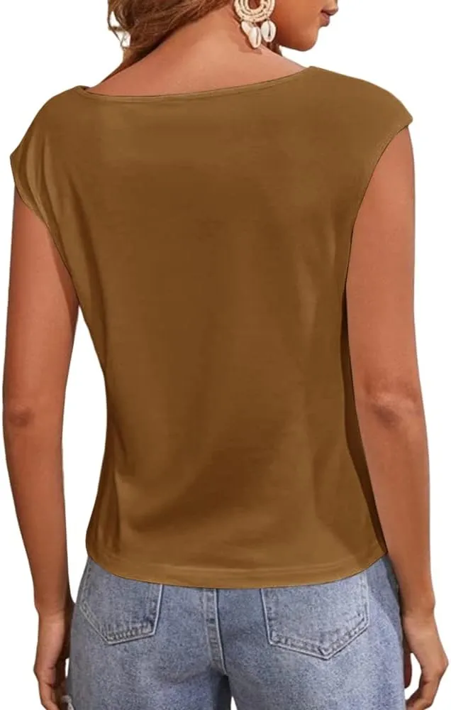 Women's Cap Sleeve Scoop Neck T Shirt Casual Solid Color Basic Tee Shirts Blouses Tank Tops