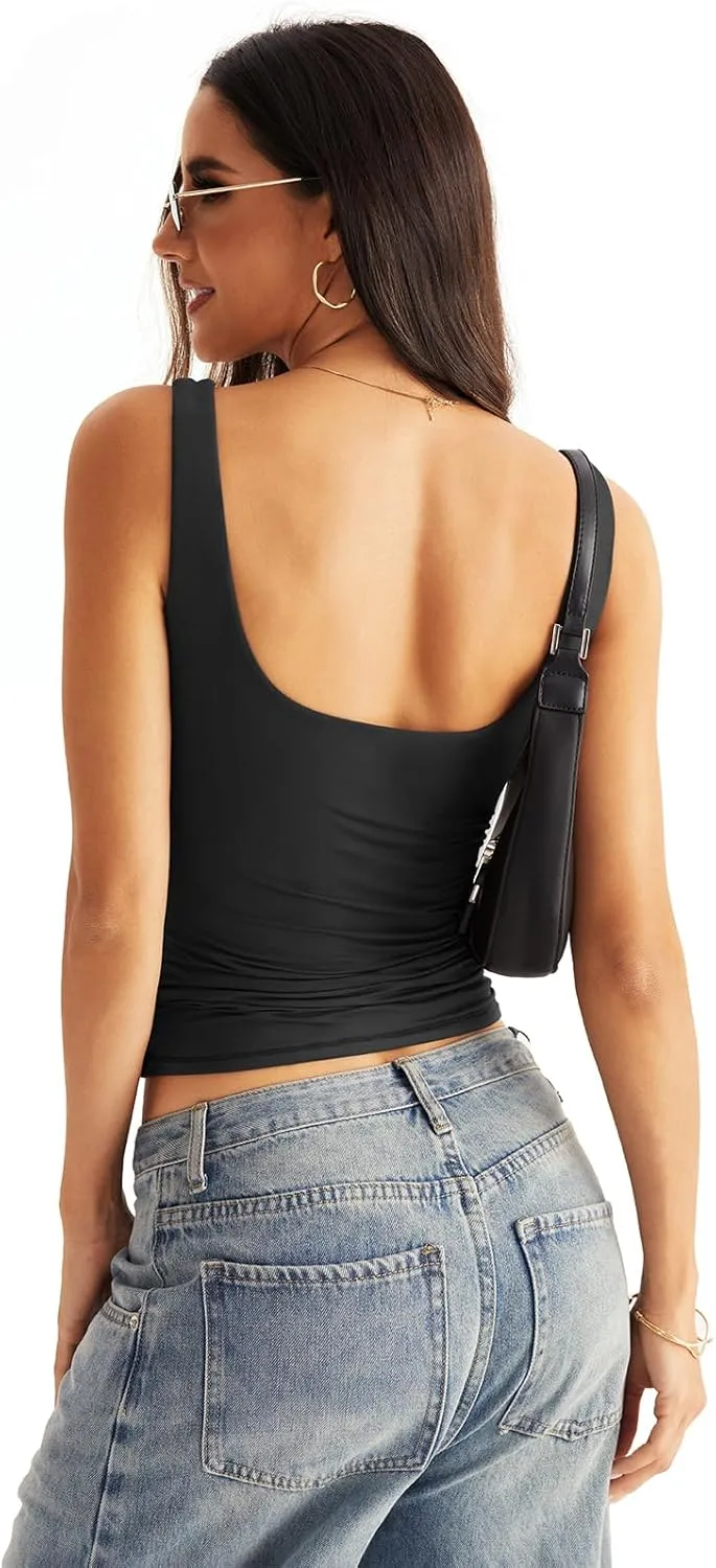 Womens Square Neck Double Lined Tank Tops Low Back Fitted Sleeveless Tops