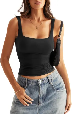 Womens Square Neck Double Lined Tank Tops Low Back Fitted Sleeveless Tops