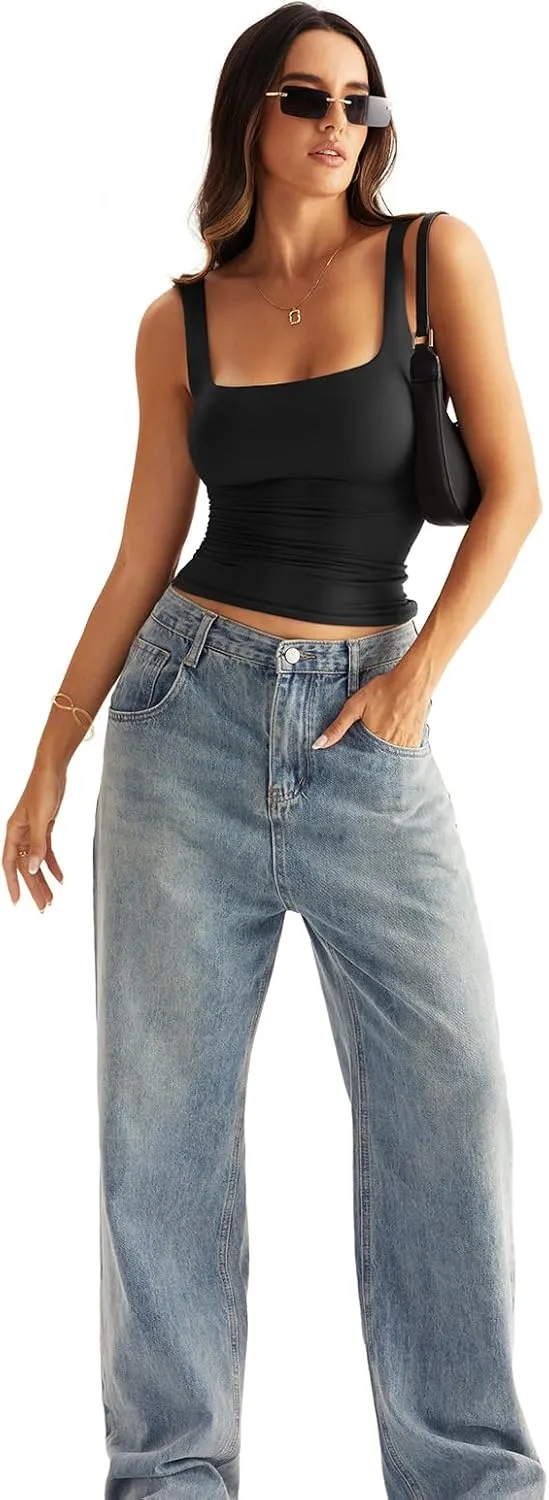 Womens Square Neck Double Lined Tank Tops Low Back Fitted Sleeveless Tops